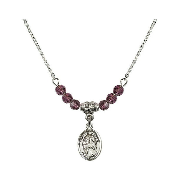 Bonyak Jewelry 18 Inch Rhodium Plated Necklace w/ 4mm Purple February Birth Month Stone Beads and Saint Matthew The Apostle Charm 